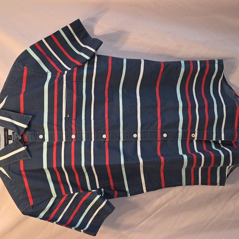 Tommy Hilfiger Denim Blue Custom Fit Shirt Mens Size Large (Frank #8)